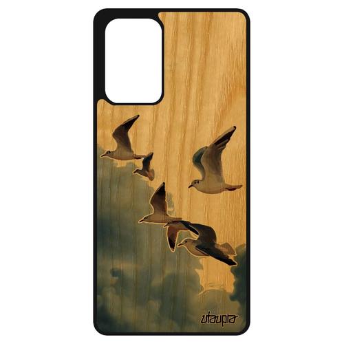 Coque Samsung Galaxy A72 Bois Silicone Oiseaux Mouettes Telephone Nature Marin Animaux Animal Cover Beige Design Smartphone Ciel Mer