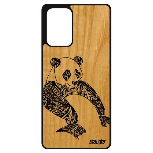 Coque Samsung Galaxy A72 Bois Veritable Silicone Panda Noir Azteque Dessin Noir Caoutchouc Ethnique Tribal Cover Noir Et Blanc De