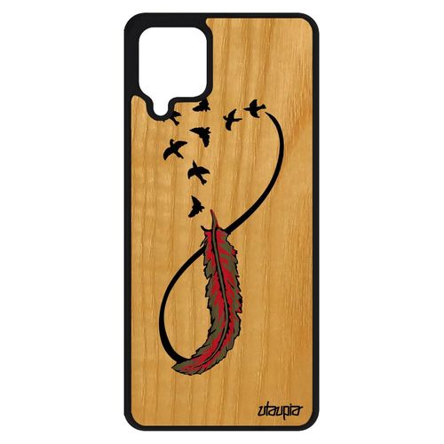 Coque En Bois Samsung Galaxy A12 Silicone Infini Plume Cadeau Saint Valentin Rose Pastel Portable Amour Fidelité Frêne Unique Oiseau
