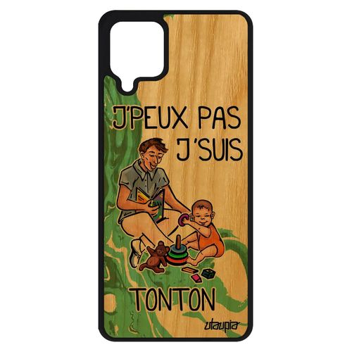 Coque En Bois Naturel Silicone Samsung Galaxy A12 J'peux Pas J'suis Tonton Bebe 4g Jpeux Cadeau De Noel Etui Drole Oncle Dessin Vert