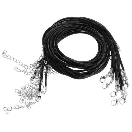 Lot De 10 Cordon En Coton Ciré Pour Collier 1 Mm Avec Fermoir Mousqueton, Attache Pendentif- Noir - 45+ 5 Cm