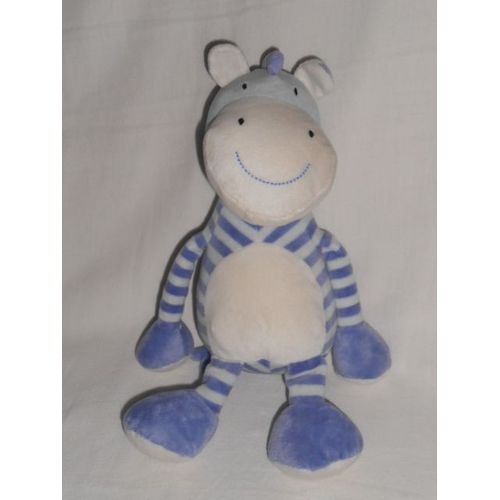 Peluche Doudou Musical Grelot Cheval Zébre Bleu Rayé Babysun Assis 22cm Ventre Beige Ecru Creme Ivoire