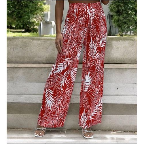 Pantalon Palazzo Rouge, En Coton, Motif Feuilles, Taille S-M (36-38)