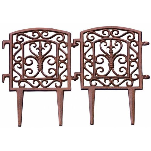 Bordure De Jardin Bordurette Grille Victorienne À Relier Motif Volutes Et Fleurs De Lys En Fonte Patinée Marron 2x21x28cm