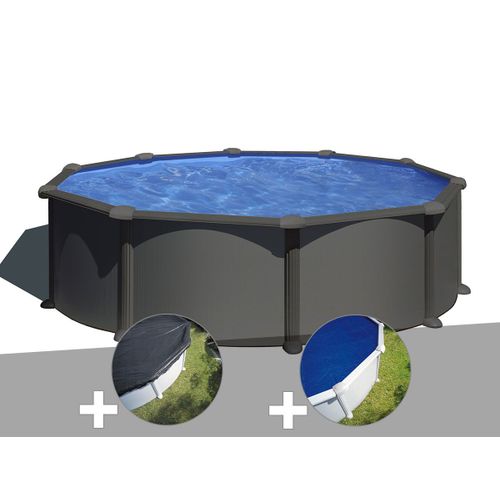 Kit piscine acier gris anthracite Gré Juni ronde 3,70 x 1,32 m + Bâche d'hivernage + Bâche à bulles