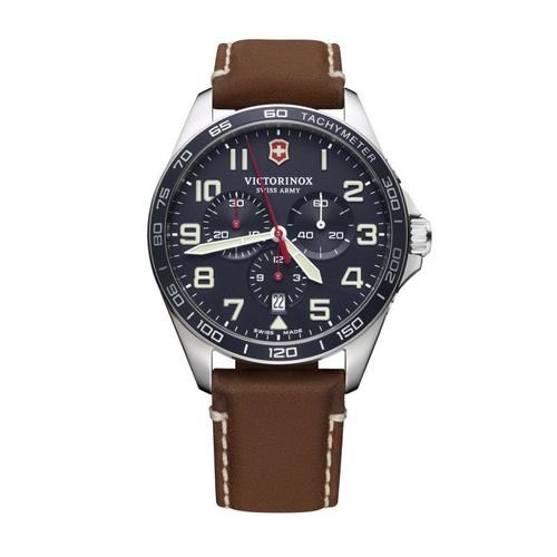 Montre Homme Victorinox Fieldforce Chronograph, Cadran Bleu, Bracelet Cuir Marron - 42 Mm