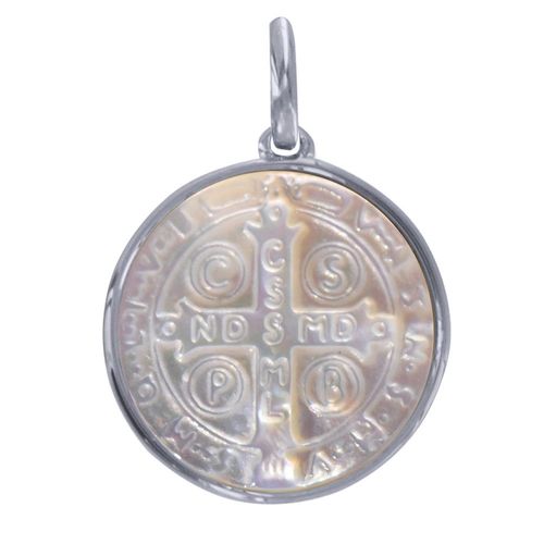 Les Poulettes Bijoux - Pendentif Argent Rhodié Et Nacre Médaille Ronde Croix De Saint Benoit