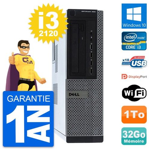 PC Dell OptiPlex 990 DT Intel i3-2120 RAM 32Go Disque Dur 1To Windows 10 Wifi
