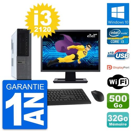 PC Dell 990 DT Ecran 22" Intel i3-2120 RAM 32Go Disque Dur 500Go Windows 10 Wifi