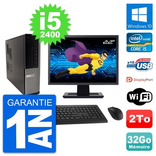 PC Dell 990 DT Ecran 22" Intel i5-2400 RAM 32Go Disque Dur 2To Windows 10 Wifi