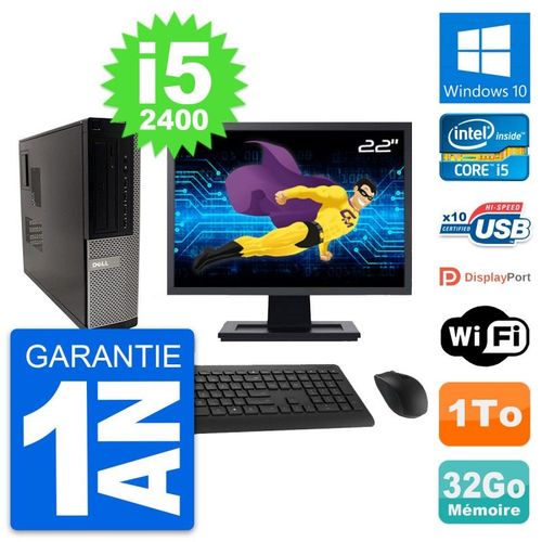 PC Dell 990 DT Ecran 22" Intel i5-2400 RAM 32Go Disque Dur 1To Windows 10 Wifi