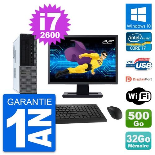 PC Dell 990 DT Ecran 22" Intel i7-2600 RAM 32Go Disque Dur 500Go Windows 10 Wifi
