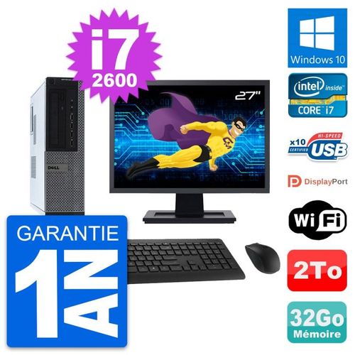 PC Dell 990 DT Ecran 27" Intel i7-2600 RAM 32Go Disque Dur 2To Windows 10 Wifi