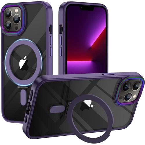 Coque Pour Iphone 13 Pro Pour Magsafe Magnétique Support Invisible Protection Caméra Transparente Plastique Dur Housse Arrière Anti-Rayures - Violet