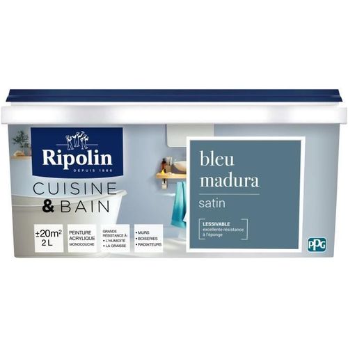 RIPOLIN Peinture murale spéciale pieces humides cuisine et bain - 2 L - Bleu madura