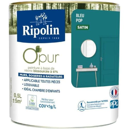 Peinture biosourcée naturelle murale intérieur satin bleu pop 0.5L Ripolin