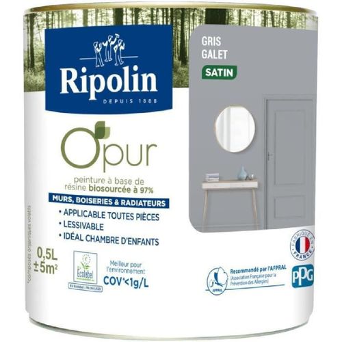 Peinture biosourcée naturelle murale intérieur satin gris galet 0.5L Ripolin