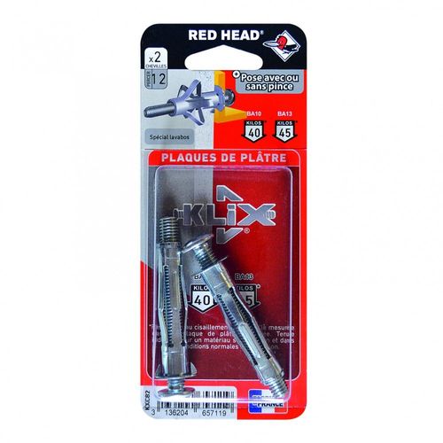 Lot de 2 chevilles et vis à expansion klix RED HEAD, Diam.8 x L.53 mm