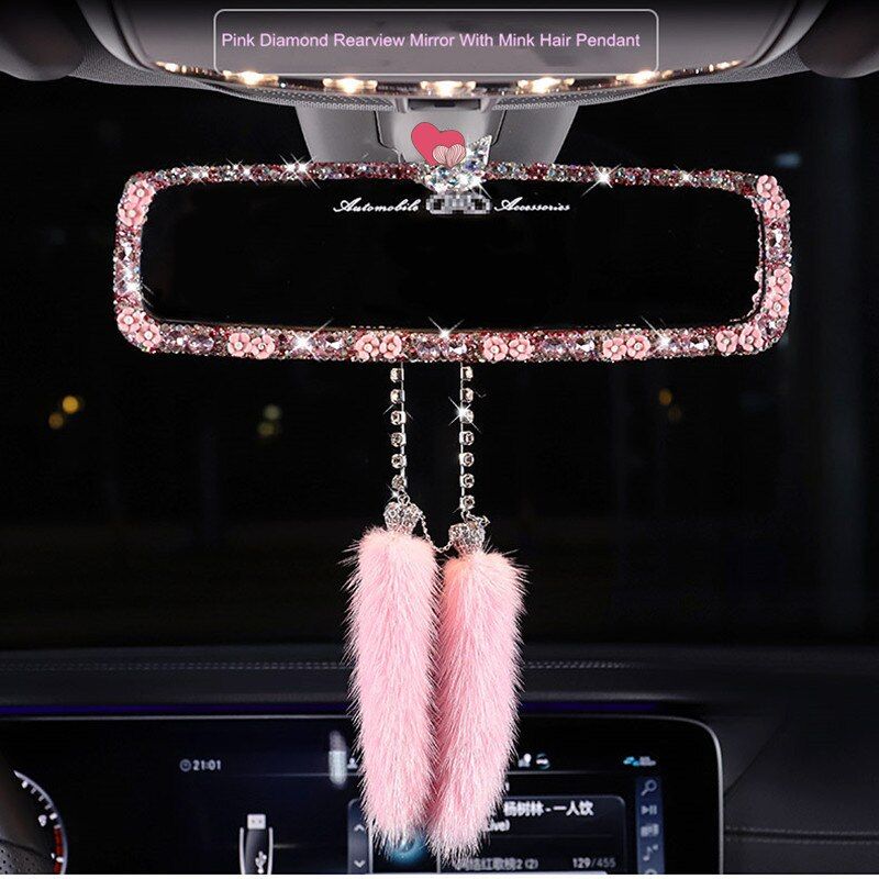 Haut de gamme mode femmes voiture diamant boîte de rangement rétroviseur  miroir pendentif volant couverture voiture intérieur décorations - Type  Rearviewmirror fur