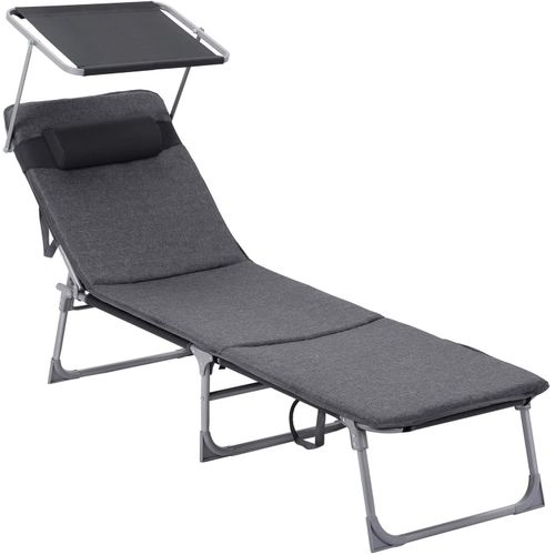 Chaise Longue Bain De Soleil Transat De Relaxation Avec Matelas 3 Cm Coussin Dossier Et Parasol Inclinables Pliable 53 X 193 X 29 5 Cm Charge 150 Kg Pour Jardin Gris Foncé Helloshop26 12_0001104