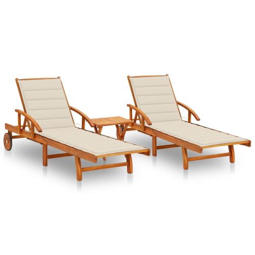 Chaises Longues 2 Pcs Avec Table Et Coussins Acacia Solide