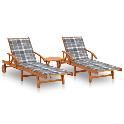 Chaises Longues 2 Pcs Avec Table Et Coussins Acacia Solide
