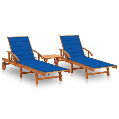 Chaises Longues 2 Pcs Avec Table Et Coussins Acacia Solide