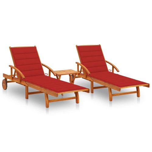Chaises Longues 2 Pcs Avec Table Et Coussins Acacia Solide
