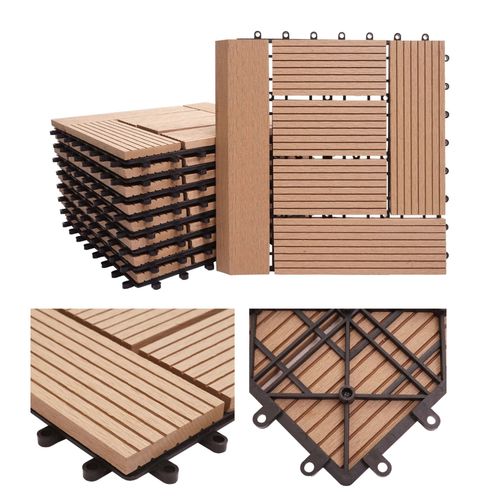 Carreau De Sol Wpc Rhône + Bordure, Aspect Bois, 11x Chaque 30x30cm = 1m² Premium   Teak, Échelonné