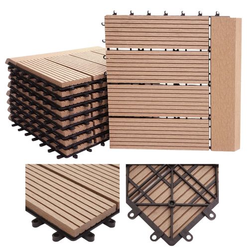 Carreau De Sol Wpc Rhône + Bordure, Aspect Bois 11x Chaque 30x30cm = 1m² Premium   Teak Linéaire Horizontal