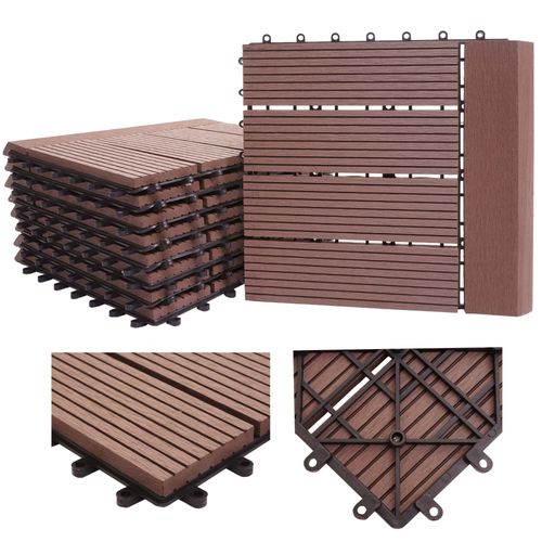 Carreau De Sol Wpc Rhône + Bordure, Aspect Bois 11x Chaque 30x30cm = 1m² Premium   Café Linear Waagrecht