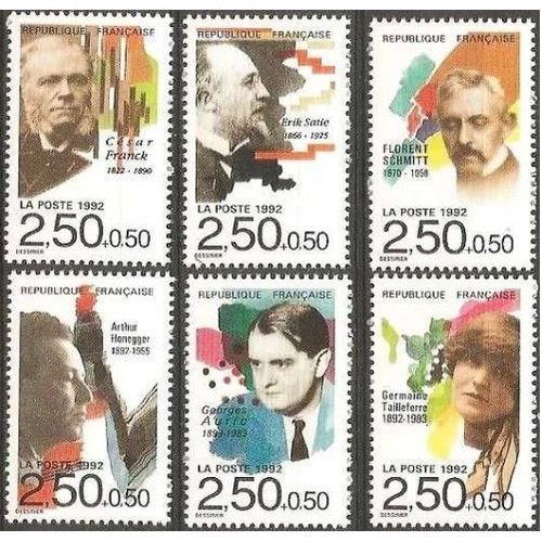 France 1992, Très Belle Série Neuve** Luxe Musiciens Français Comprenant Les Timbres Yvert 2747 Franck, 2748 Satie, 2749 Schmitt, 2750 Honegger, 2751 Auric, 2752 Taillefer.