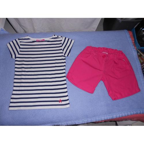 Ensemble 2 Pièces Tee-Shirt M.Courtes Marin Rayé Marine/Blanc/Short Fushia 10 Ans