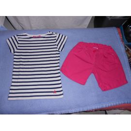 Ensemble 2 Pièces Tee-Shirt M.Courtes Marin Rayé Marine/Blanc/Short Fushia 10 Ans