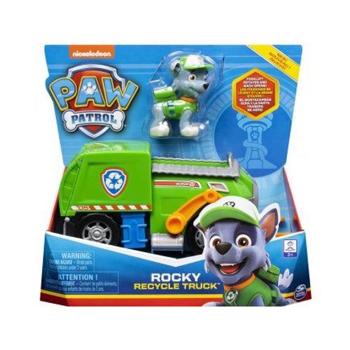 Pat Patrouille : Chien Rocky Et Son Camion Poubelle Vert Avec Fourche - Figurine Et Vehicule - Nouveaute Paw Patrol