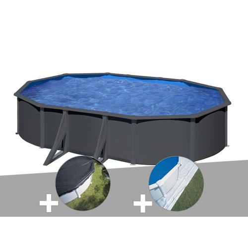 Kit piscine acier gris anthracite Gré Louko ovale 5,27 x 3,27 x 1,22 m + Bâche d'hivernage + Tapis de sol