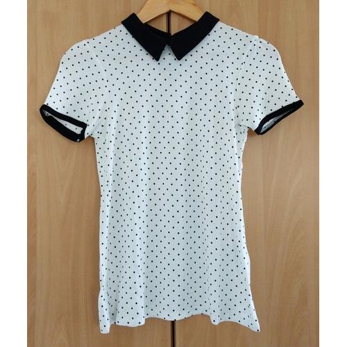 T Shirt Blanc A Points Noirs. Col Claudine. Pimkie. Viscose. Taille 36