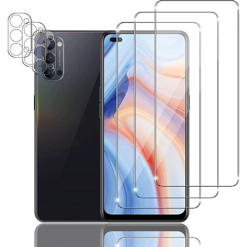 3+3 Pièces Verre Trempé Pour Oppo Reno 4 5g, 3 Pièces Film Protection Ecran Avec 3 Pièces Caméra Arrière Protecteur, Ultra-Hd Film Protection Écran, 9h Dureté, Sans Bulles