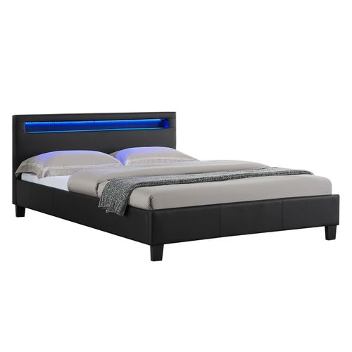 Lit Double Pour Adulte Pinot Avec Sommier 140x190 Cm 2 Places 2 Personnes, Tête De Lit Avec Led Intégrées, En Synthétique Noir