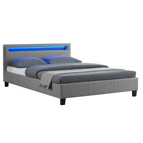 Lit Double Pour Adulte Rioja Avec Sommier 140x190 Cm 2 Places 2 Personnes, Tête De Lit Avec Led Intégrées, En Tissu Gris