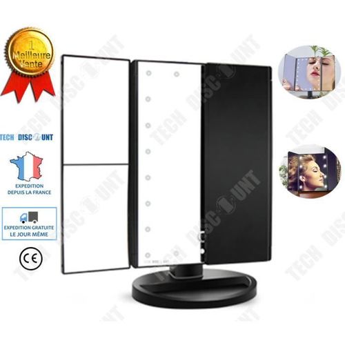 TD® miroir pliant 3 faces led grossissant lumineux secteur reglable piles sur pied maquillage salle bain cosmetique professionnel