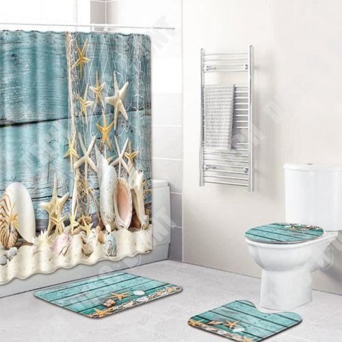 TD® Ensemble Rideau + Tapis de douche/Couvre WC/ Rideau de douche Anti Moisissure lavable, Tapis toilette WC 180 x 180 cm
