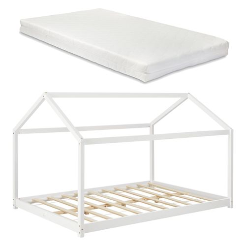 Lit Pour Enfant Cabane Maison Avec Matelas Sommier À Lattes Bois De Pin Blanc 120 X 200 Cm 03_0005509