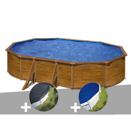 Kit piscine acier aspect bois Gré Pacific ovale 5,27 x 3,27 x 1,22 m + Bâche d'hivernage + Bâche à bulles