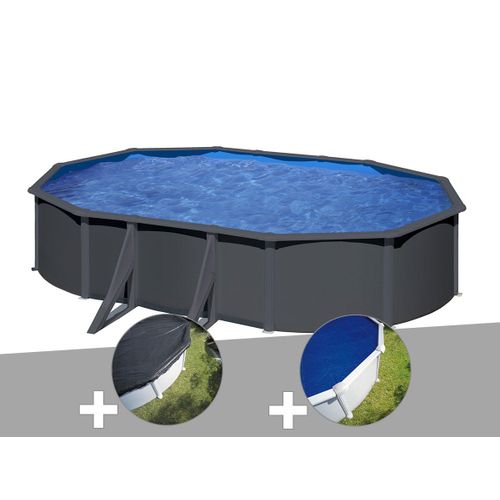 Kit piscine acier gris anthracite Gré vLouko ovale 5,27 x 3,27 x 1,22 m + Bâche d'hivernage + Bâche à bulles