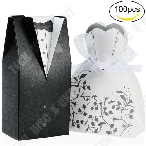 TD® Lot de 100 pcs Boîte à Dragées Mariage Cadeau Invités- 50 pcs jeune Marié noir + 50 pcs Mariée blanc, Chocolat bonbons