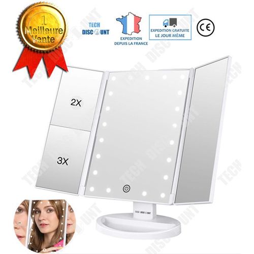 TD® miroir pliant 3 faces led grossissant lumineux sur pied secteur reglable piles maquillage salle bain cosmetique professionnel