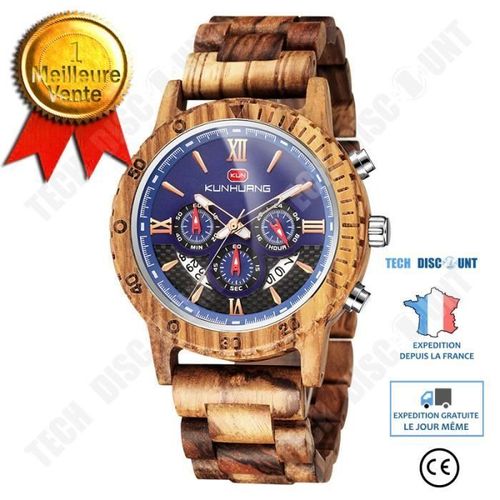 Td® Montre En Bois De Zèbre Pour Hommes, Montre Trois Remontoirs Multifonction Montre À Quartz Pour Hommes, Accessoire Cadeaux