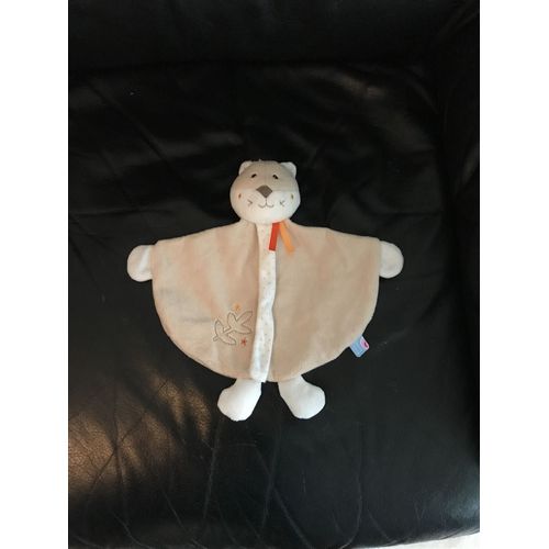 Doudou Plat Chat Marron Clair Etoile Orange Et Jaune Cravatte Petit Pois Sucre D'orge