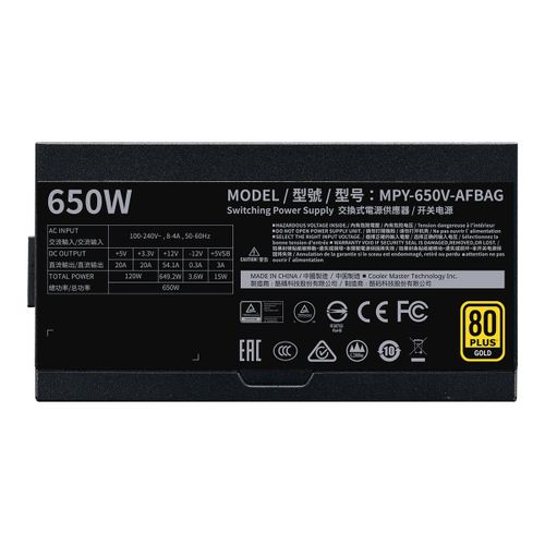 Cooler Master V Series V650 Gold - V2 - Alimentation électrique (interne) - ATX12V 2.52/ EPS12V - 80 PLUS Gold - CA 100-240 V - 650 Watt - PFC active - Europe - noir